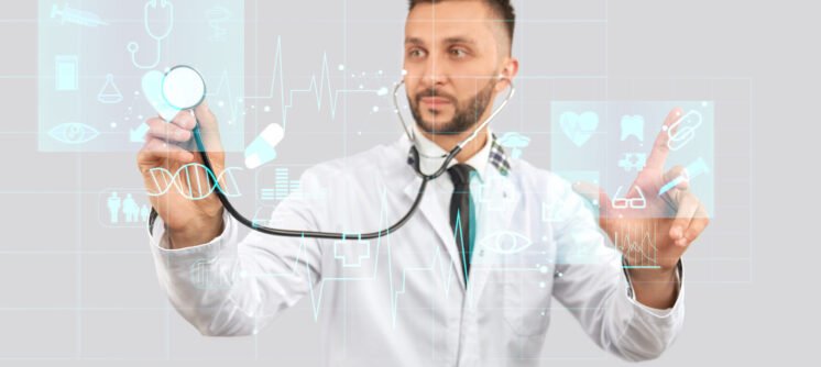 Doctor using stretoscope on virtual projection.