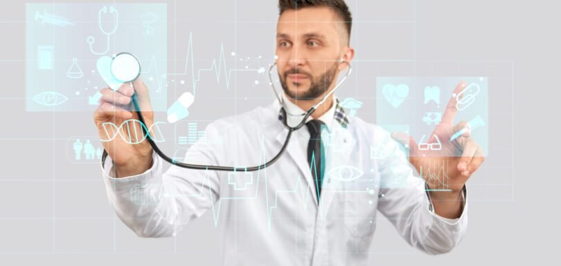 Doctor using stretoscope on virtual projection.